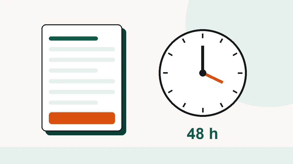 Factura de taller con varias líneas junto a un reloj que marca el plazo de 48 horas
