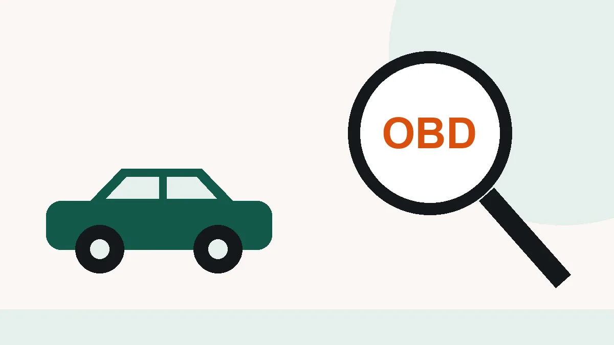 Coche junto a una lupa con las letras OBD sobre fondo claro