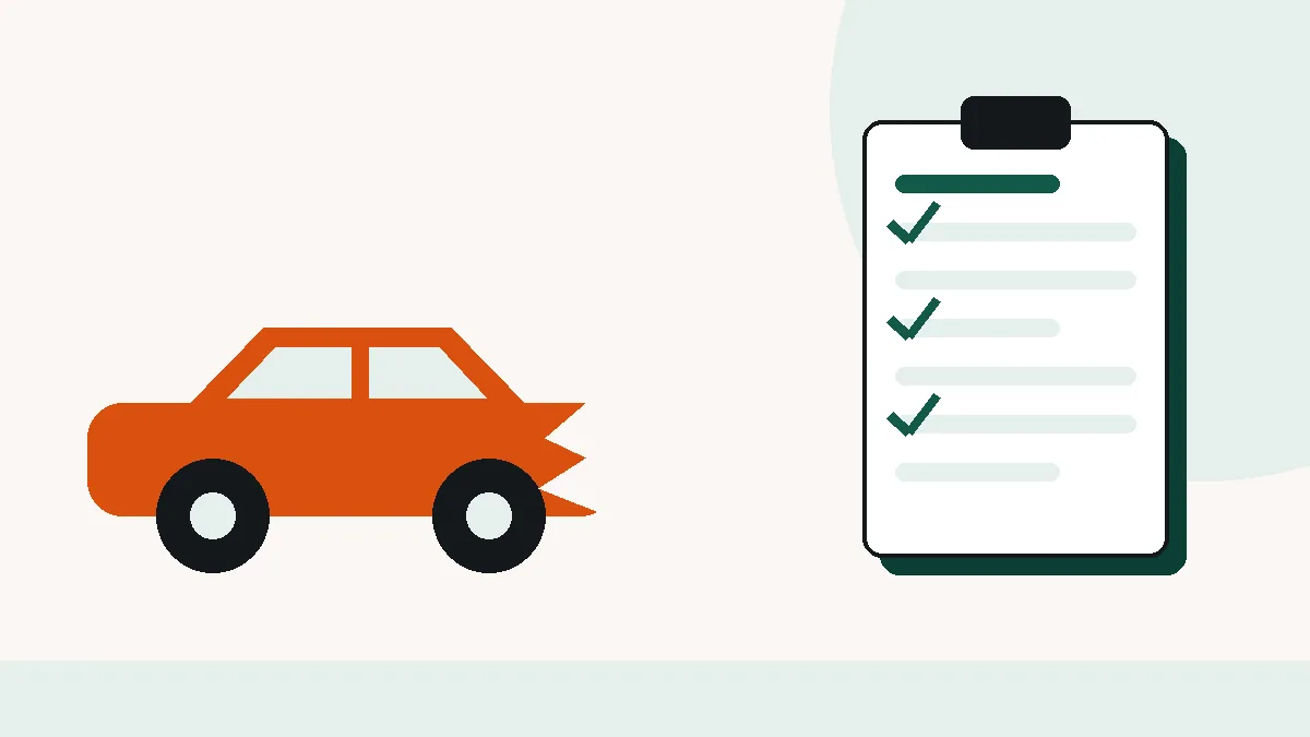 Coche con la parte delantera abollada junto a una carpeta de informe pericial